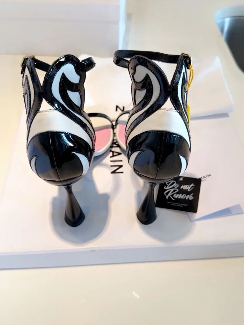Black & White Sculpted Heel Sandals with Pink Insole - Picture 3 of 7